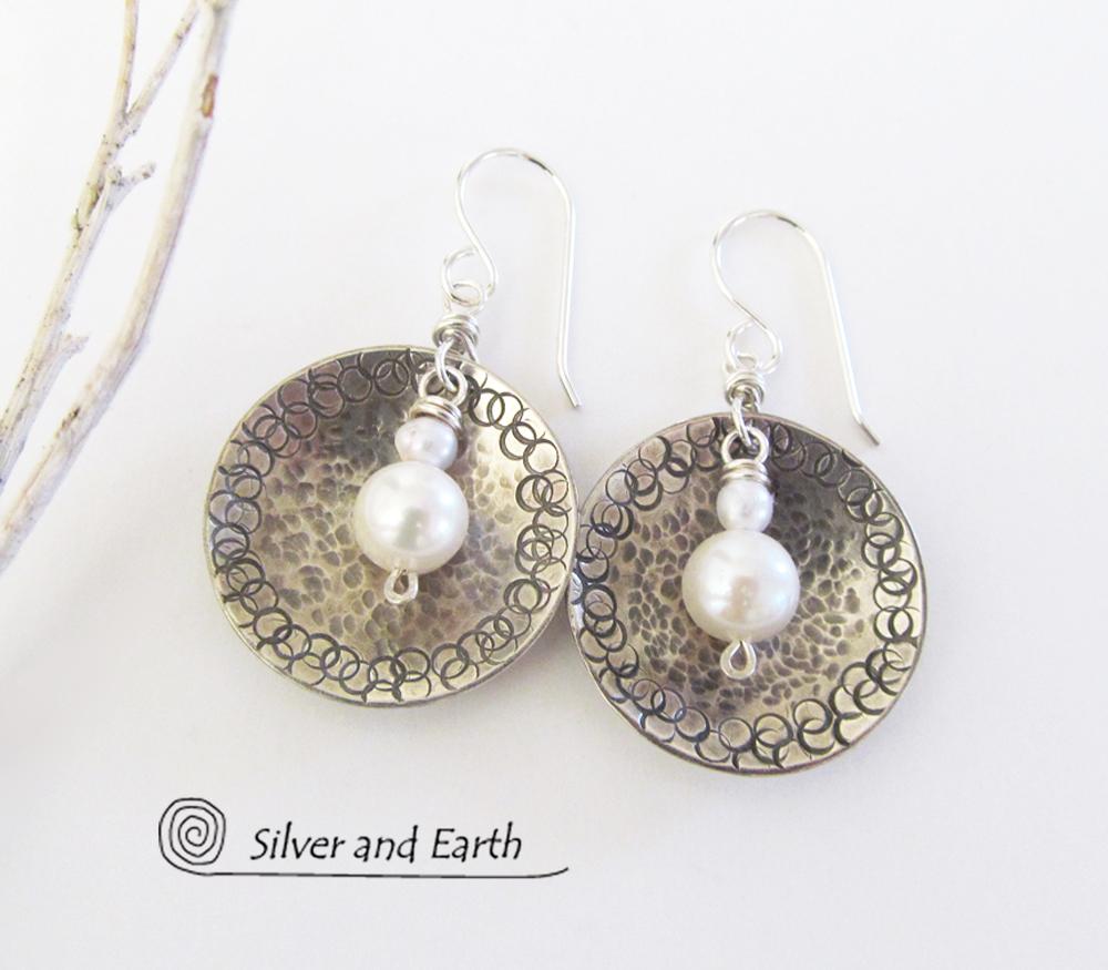 Small Sterling Silver Earrings with Dangling White Pearl - Modern Silver Jewelry