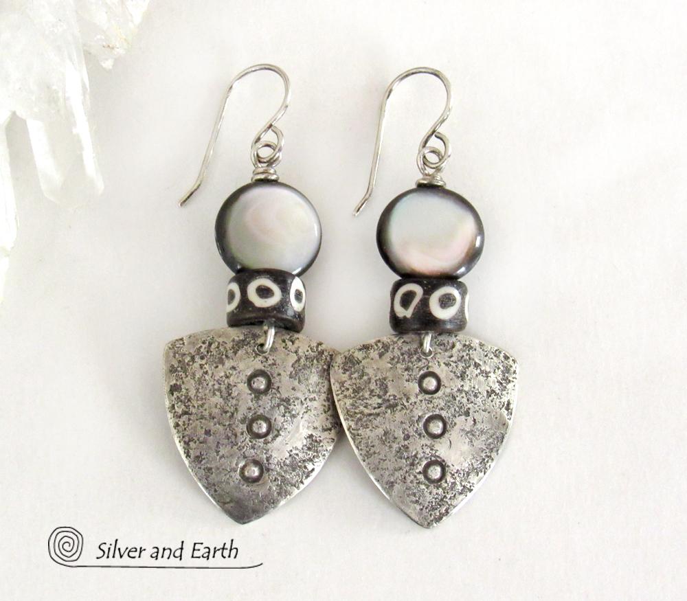 Sterling Silver Tribal Shield Earrings with Black Lip Mother-of-Pearl and African Batik Bone Beads