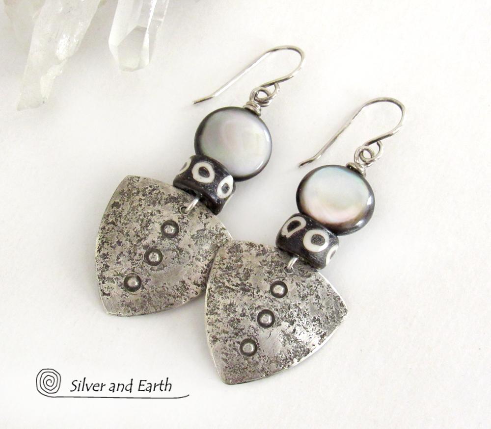 Sterling Silver Tribal Shield Earrings with Black Lip Mother-of-Pearl and African Batik Bone Beads