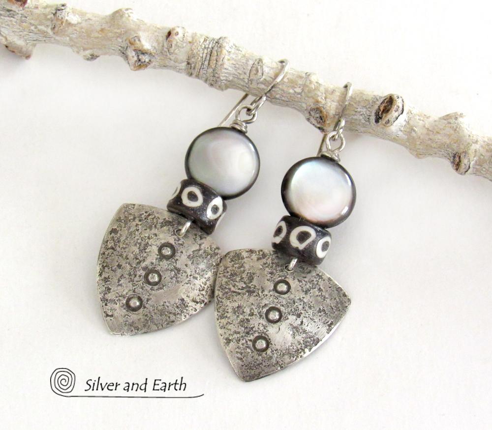 Sterling Silver Tribal Shield Earrings with Black Lip Mother-of-Pearl and African Batik Bone Beads