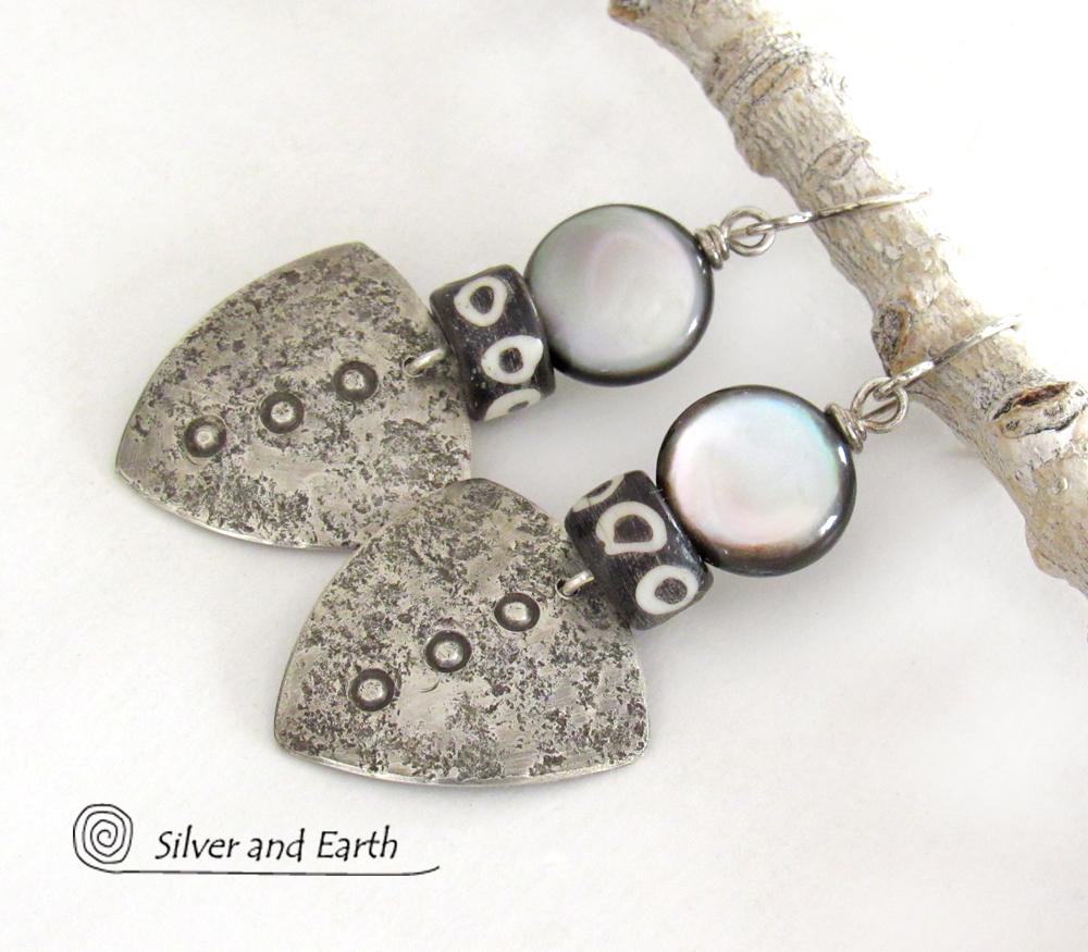 Sterling Silver Tribal Shield Earrings with Black Lip Mother-of-Pearl and African Batik Bone Beads