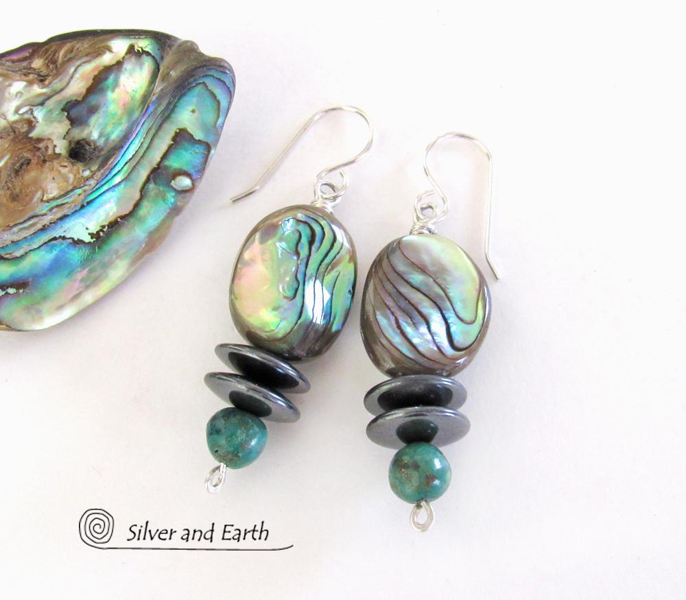 Abalone and Turquoise Beaded Dangle Earrings with Hematite Stones - Natural Abalone Shell Jewelry