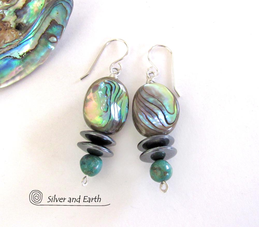 Abalone and Turquoise Beaded Dangle Earrings with Hematite Stones - Natural Abalone Shell Jewelry