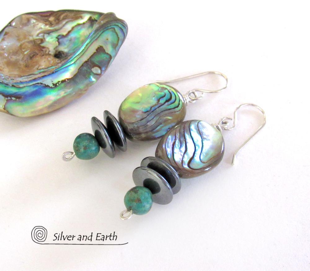 Abalone and Turquoise Beaded Dangle Earrings with Hematite Stones - Natural Abalone Shell Jewelry