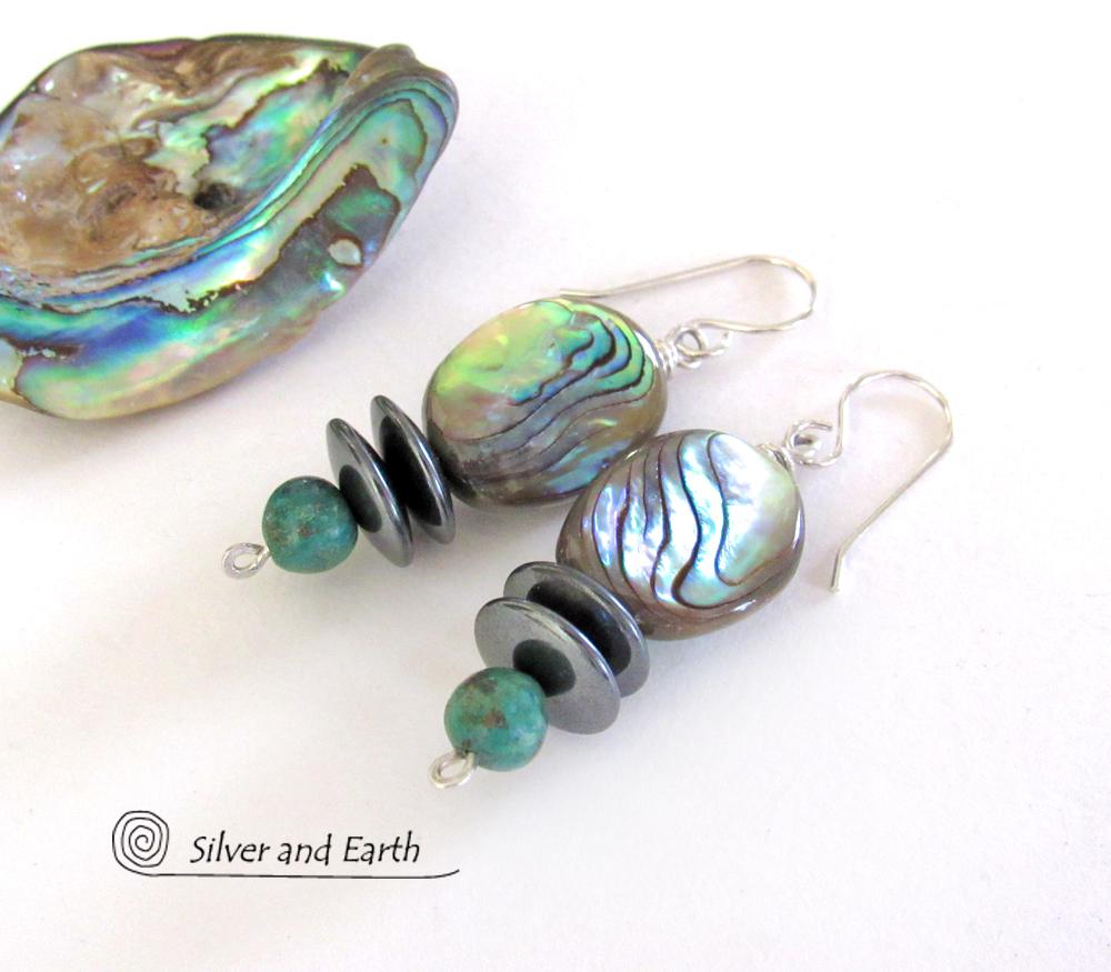 Abalone and Turquoise Beaded Dangle Earrings with Hematite Stones - Natural Abalone Shell Jewelry