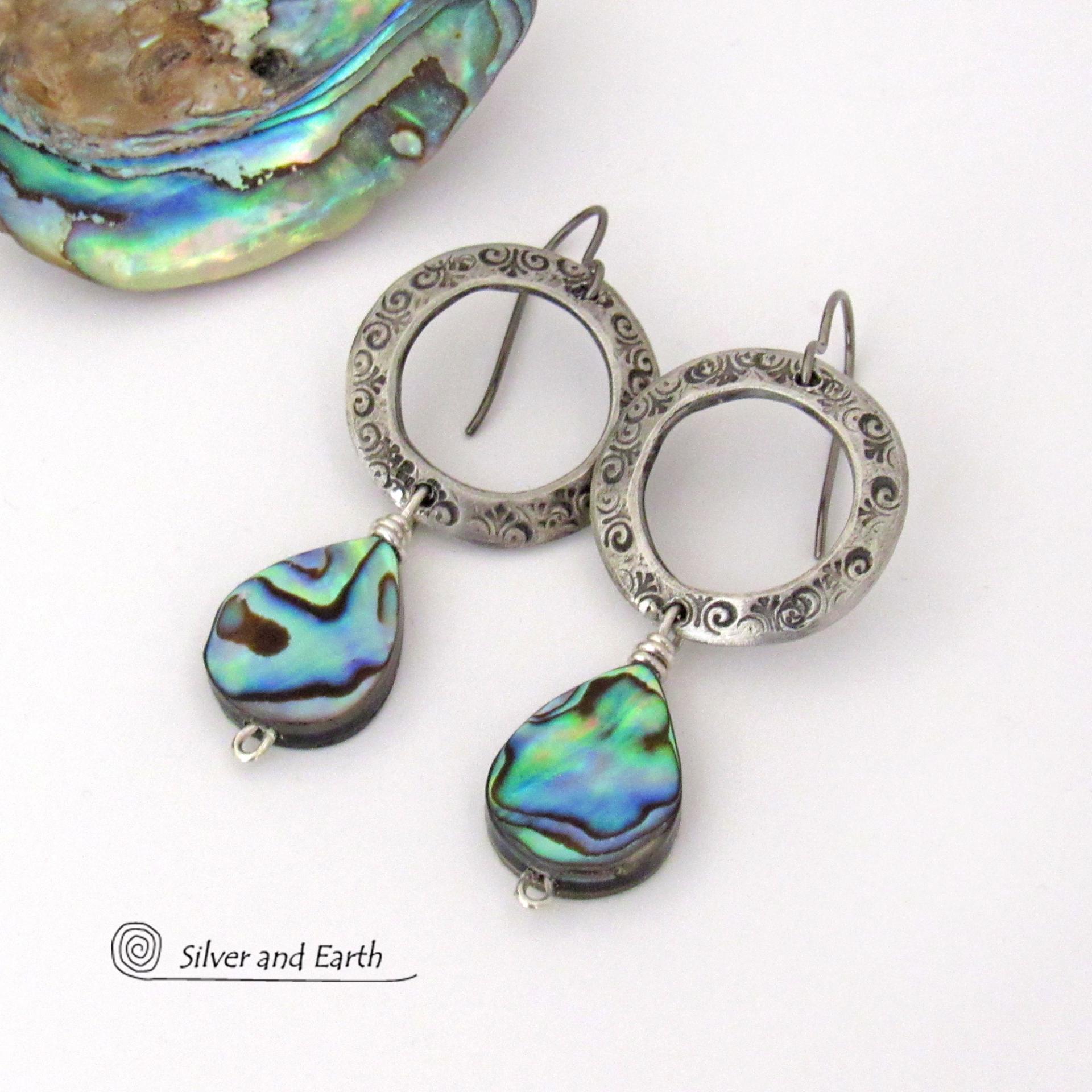 Blue Abalone Shell Silver Pewter Hoop Earrings - Natural Paua Shell Jewelry