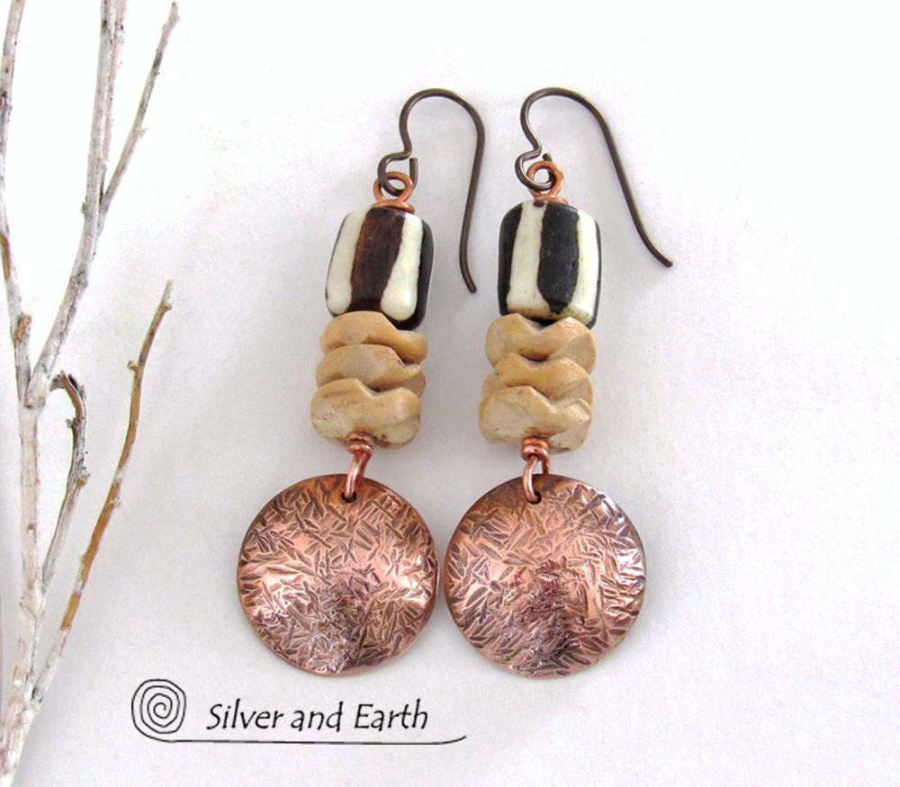 Hammered Copper Dangle Earrings with African Batik Bone Beads - Boho Tribal African Style Fashion Jewelry