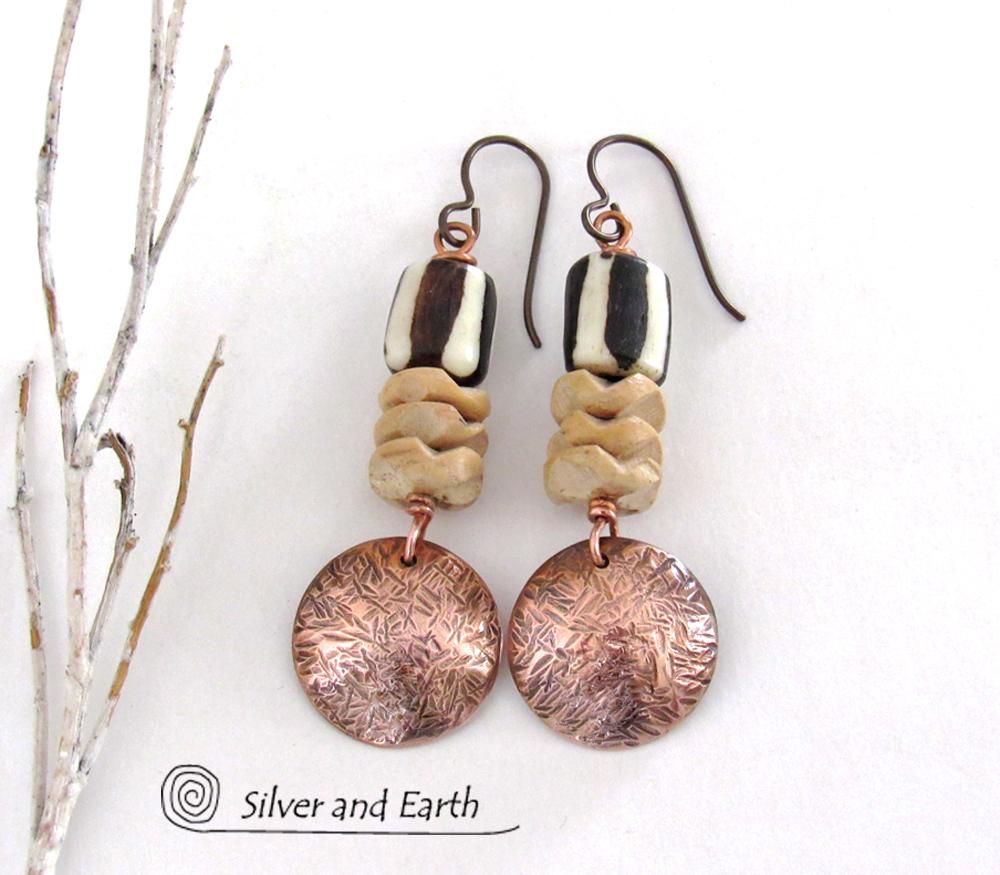 Hammered Copper Dangle Earrings with African Batik Bone Beads - Boho Tribal African Style Fashion Jewelry