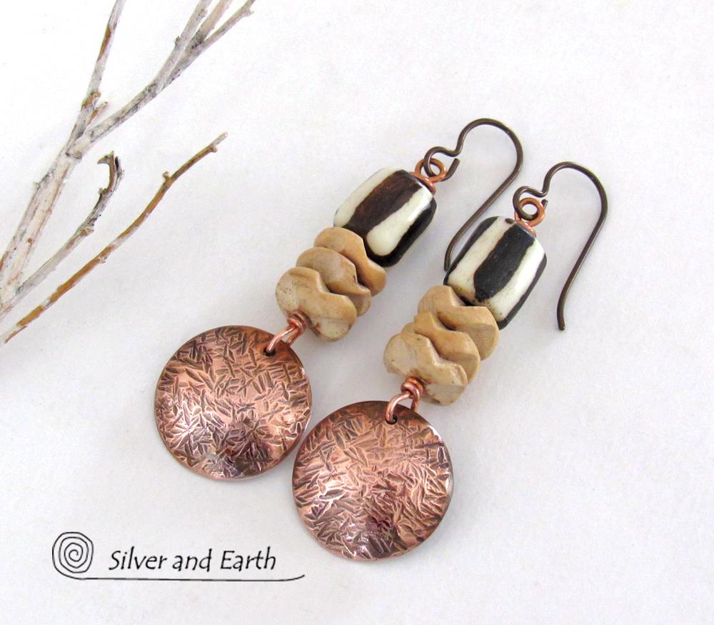 Hammered Copper Dangle Earrings with African Batik Bone Beads - Boho Tribal African Style Fashion Jewelry