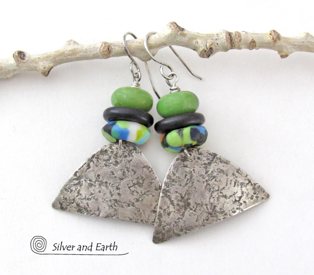 Sterling Silver Earrings with Green Serpentine Stones & Colorful African Glass Beads