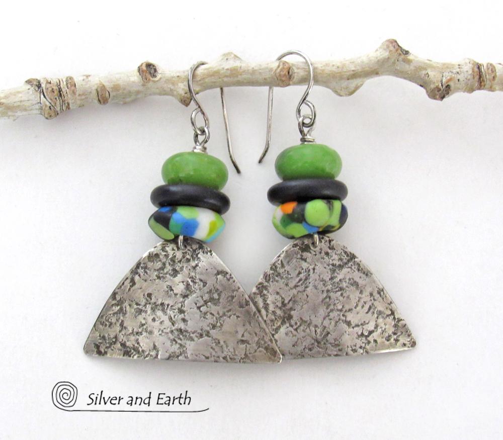 Sterling Silver Earrings with Green Serpentine Stones & Colorful African Glass Beads