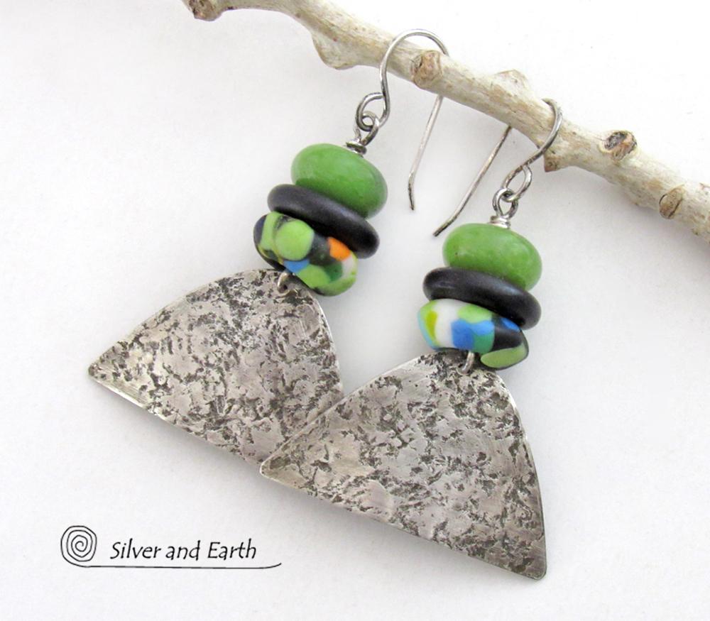 Sterling Silver Earrings with Green Serpentine Stones & Colorful African Glass Beads