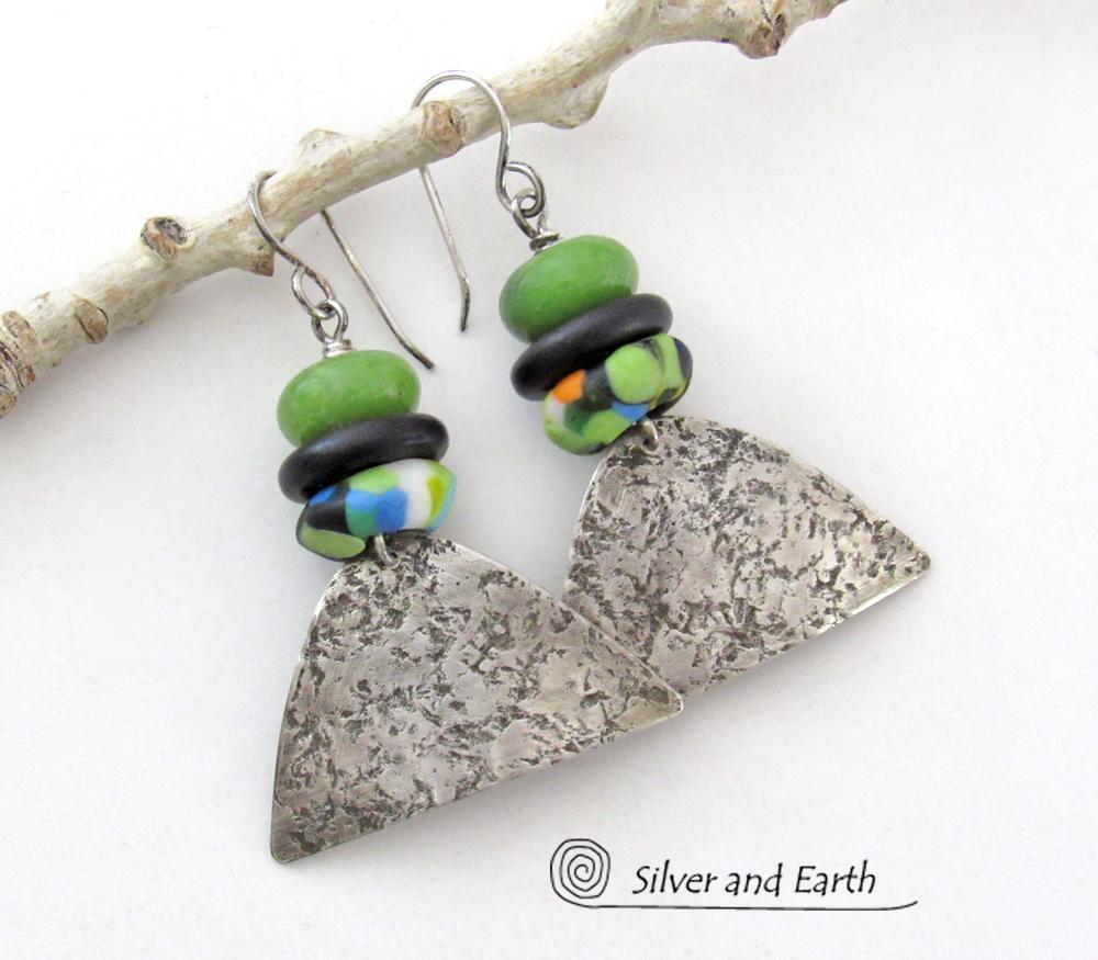 Sterling Silver Earrings with Green Serpentine Stones & Colorful African Glass Beads