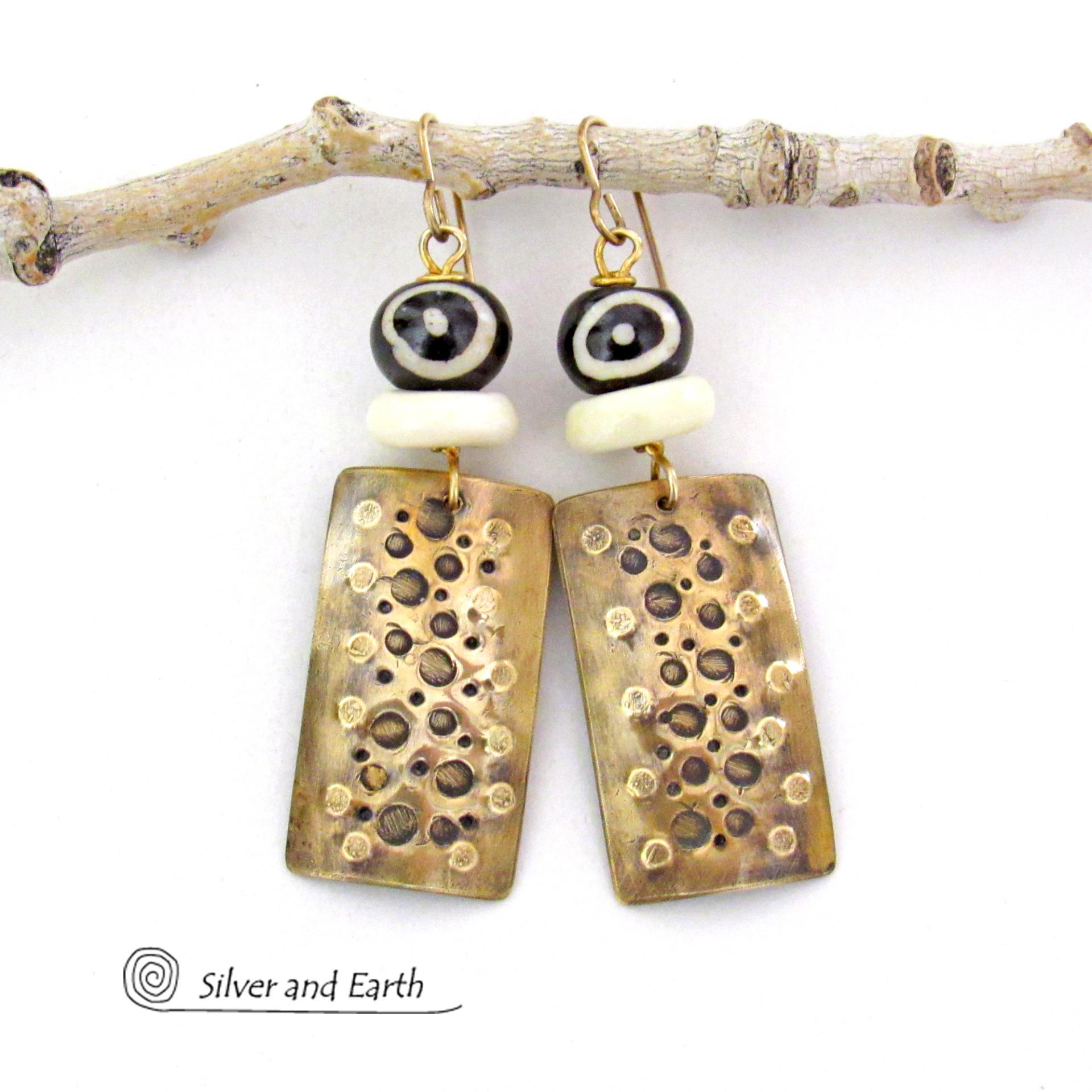 Gold Brass Earrings with Hand Stamped Texture & African Batik Bone Beads - Bold Unique Ethnic Tribal African Style Jewelry