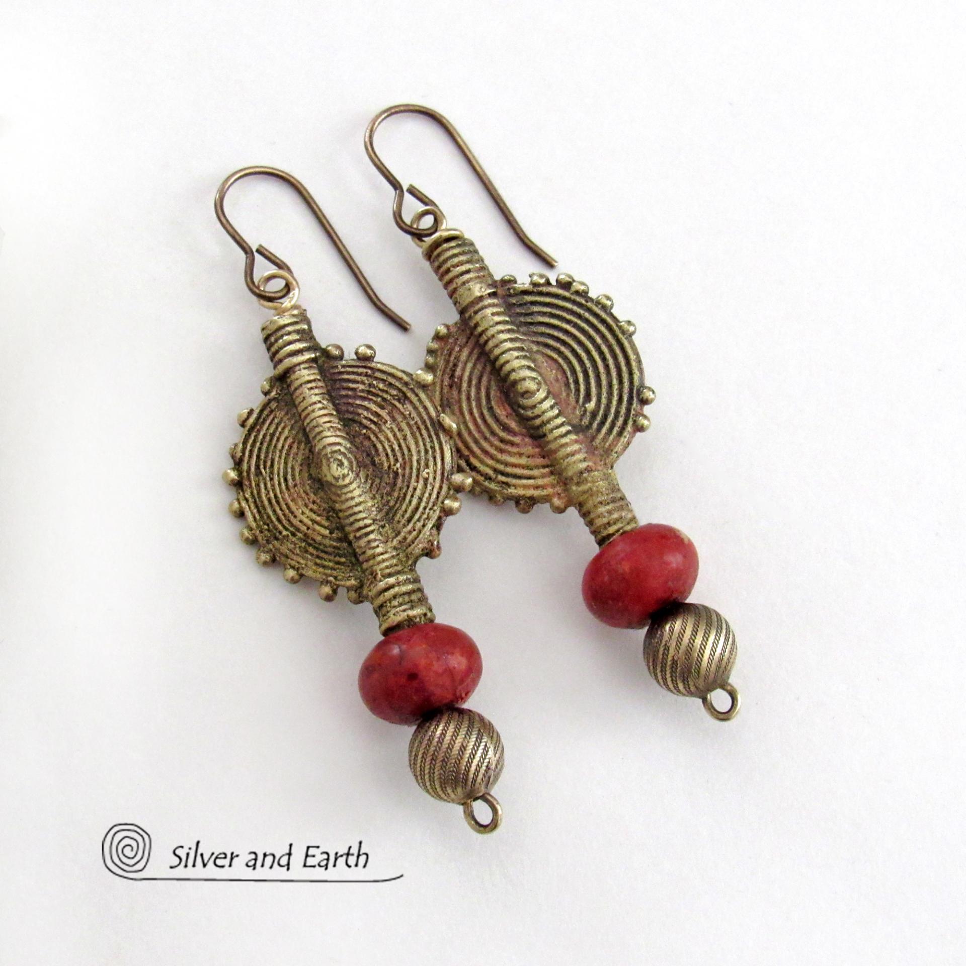 African Brass Sun Coin Earrings with Red Coral - Ethnic Cultural Tribal Afrocentric Style Fashion Jewelry
