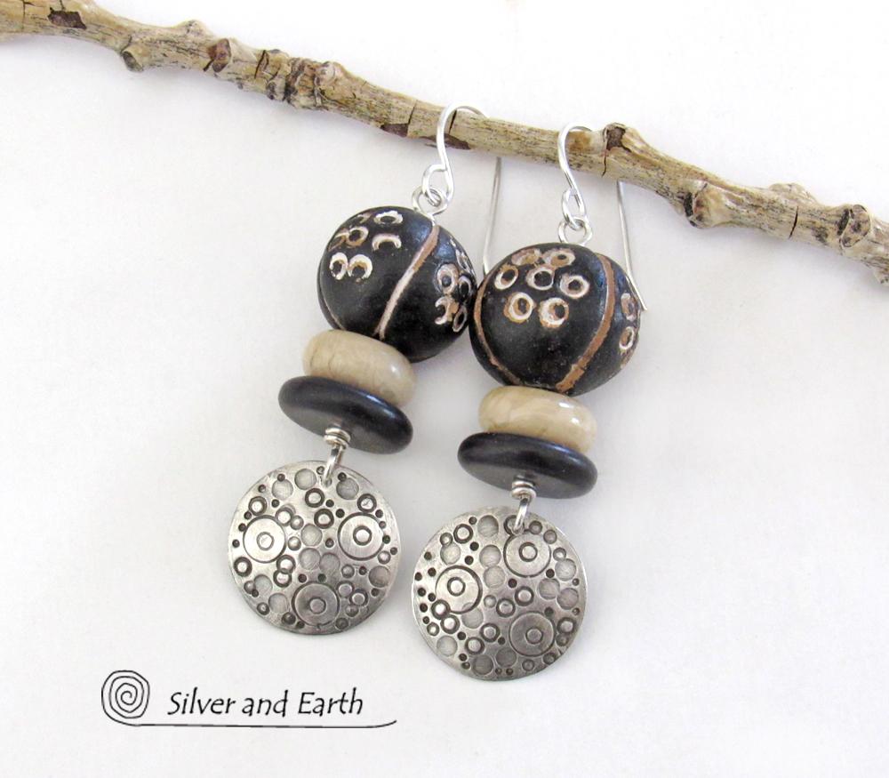 Sterling Silver Circle Earrings with Hand Stamped Texture & African Clay Beads - Unique Funky Artsy Ethnic Jewelry