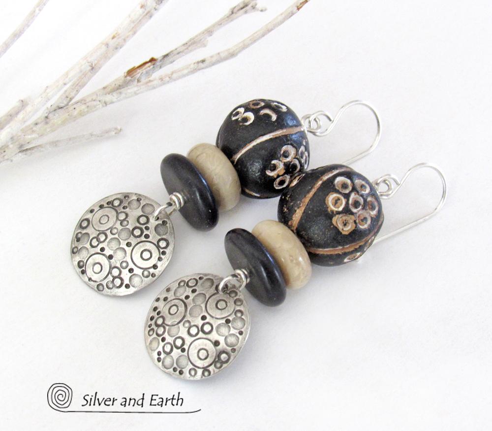 Sterling Silver Circle Earrings with Hand Stamped Texture & African Clay Beads - Unique Funky Artsy Ethnic Jewelry