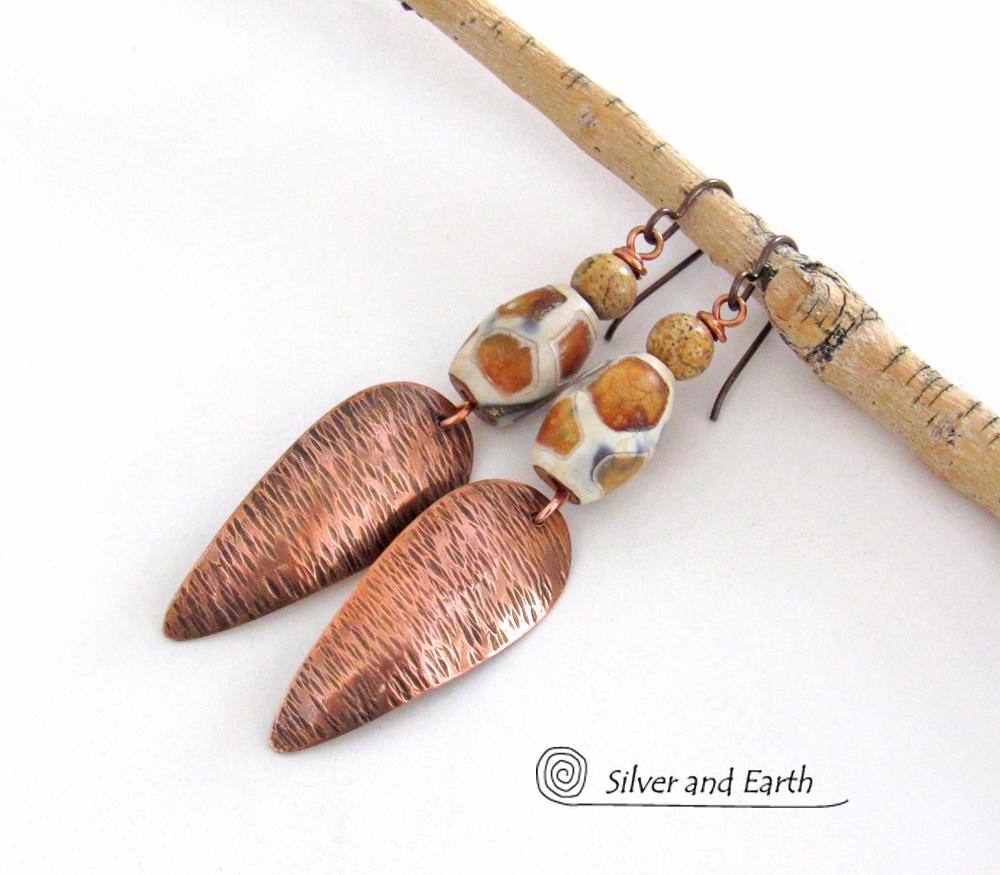 African Tribal Copper Earrings with Etched Agate Stones - African Style Jewelry