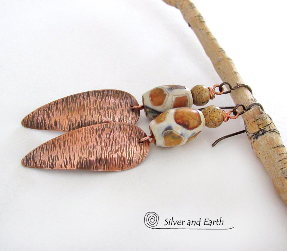 African Tribal Copper Earrings with Etched Agate Stones - African Style Jewelry