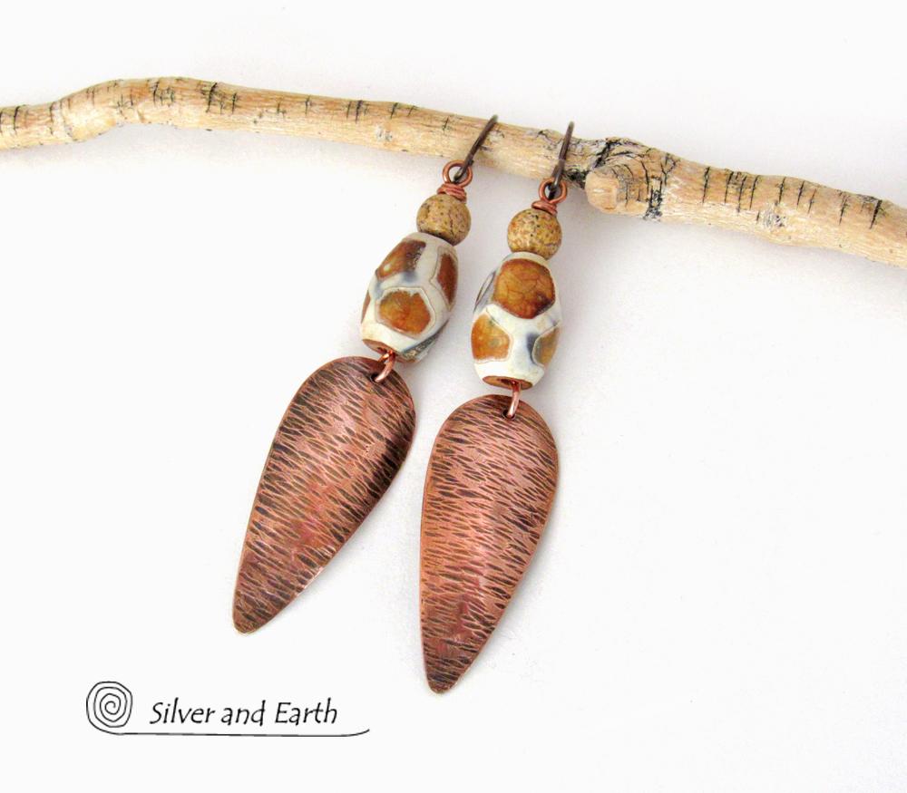 African Tribal Copper Earrings with Etched Agate Stones - African Style Jewelry