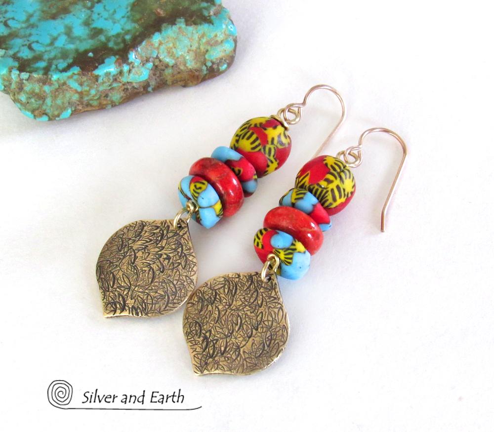 Gold Brass Dangle Earrings with Colorful African Glass Beads - Bold Unique Ethnic Boho Tribal Style Jewelry