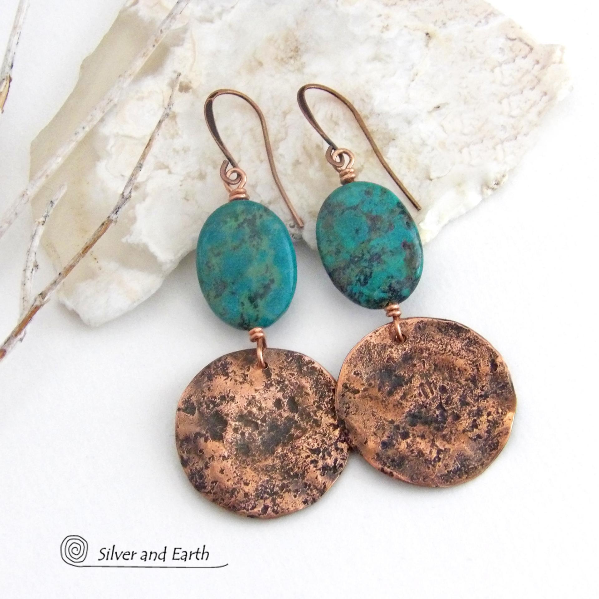 These handcrafted earrings feature copper dangles with a rustic, earthy organic hammered texture accented with natural African turquoise stones. They have an earthy chic style that coordinates beautifully with all wardrobe types. Handmade in the USA by Silver and Earth Jewelry. Your choice of ear wires - copper or hypoallergenic niobium. Makes a great gift for couples celebrating their seventh wedding anniversary, as copper is the traditional choice for this occasion.