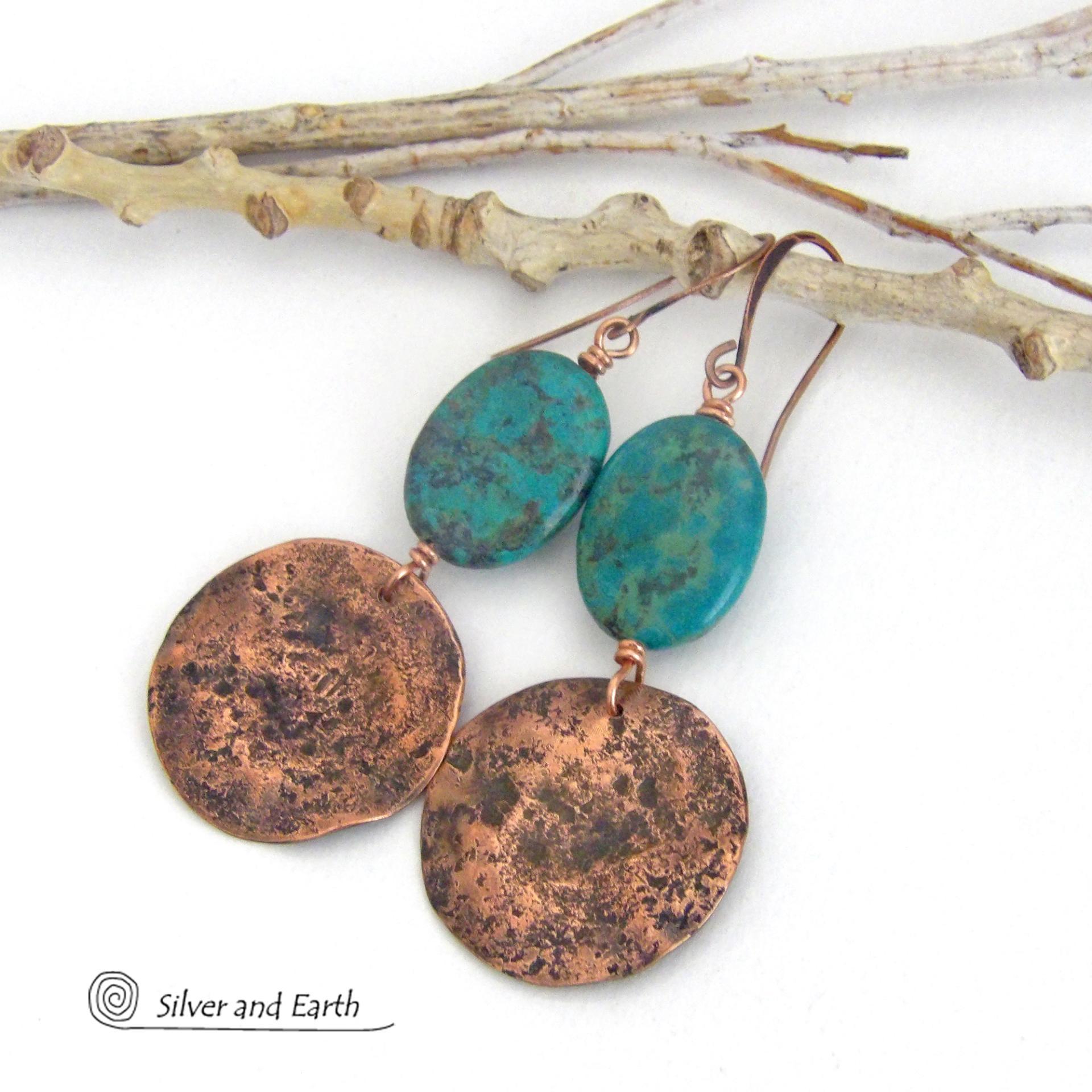 These handcrafted earrings feature copper dangles with a rustic, earthy organic hammered texture accented with natural African turquoise stones. They have an earthy chic style that coordinates beautifully with all wardrobe types. Handmade in the USA by Silver and Earth Jewelry. Your choice of ear wires - copper or hypoallergenic niobium. Makes a great gift for couples celebrating their seventh wedding anniversary, as copper is the traditional choice for this occasion.