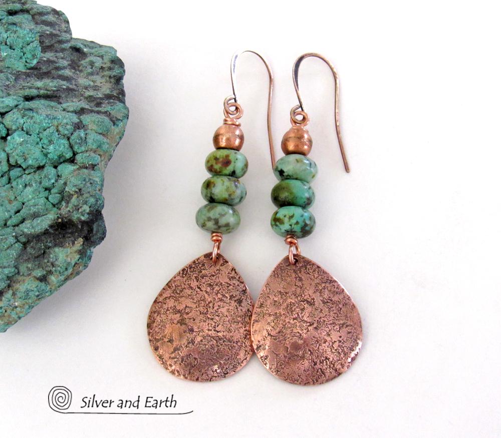 Hammered Copper Teardrop Dangle Earrings with African Turquoise Stones