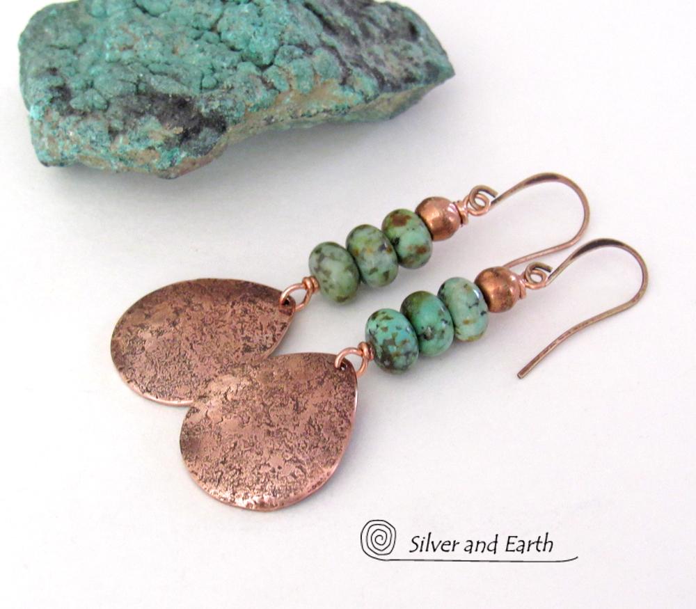 Hammered Copper Teardrop Dangle Earrings with African Turquoise Stones