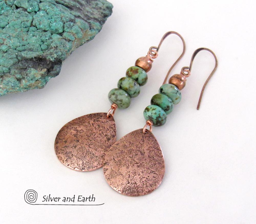 Hammered Copper Teardrop Dangle Earrings with African Turquoise Stones