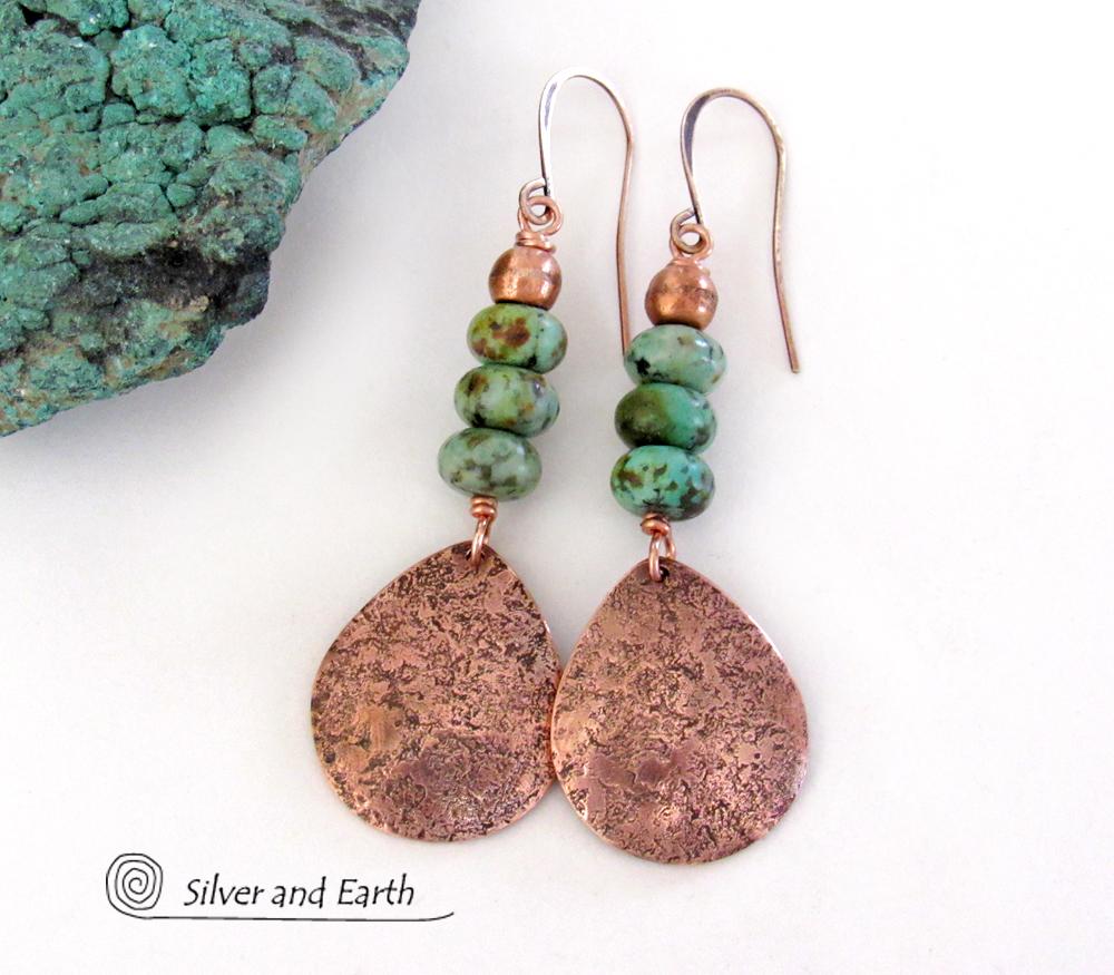 Hammered Copper Teardrop Dangle Earrings with African Turquoise Stones