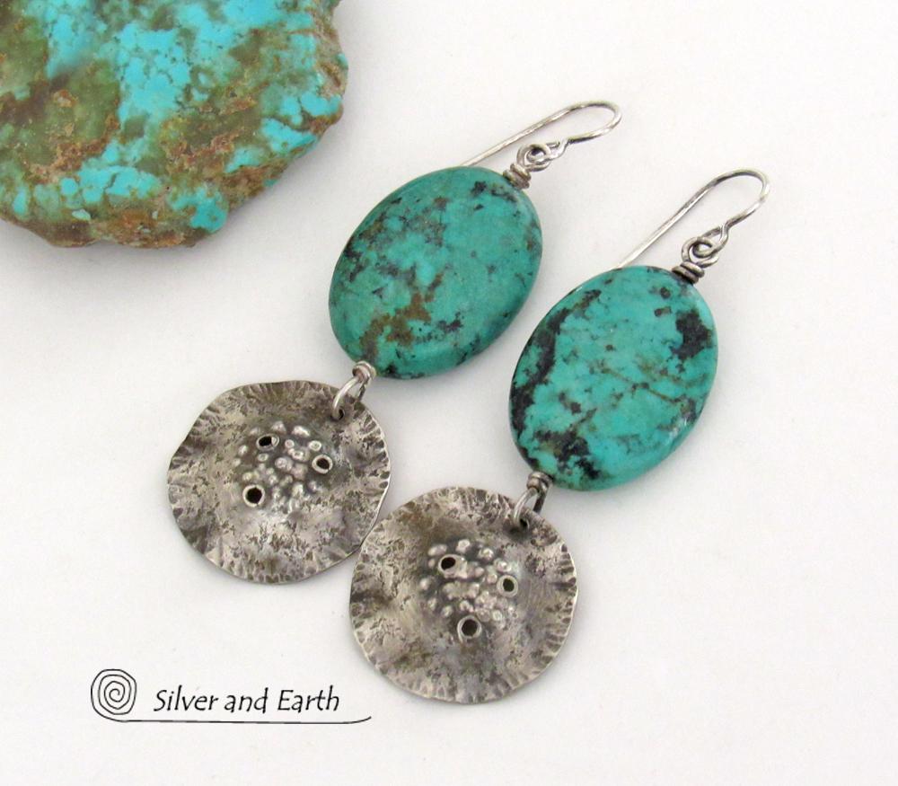 Hammered Sterling Silver Dangle Earrings with African Turquoise Stones - Handcrafted Earthy Organic Sterling Jewelry