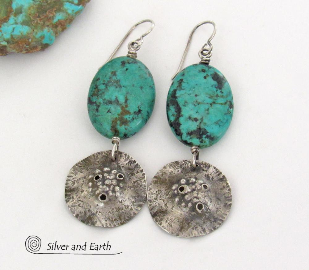 Hammered Sterling Silver Dangle Earrings with African Turquoise Stones - Handcrafted Earthy Organic Sterling Jewelry