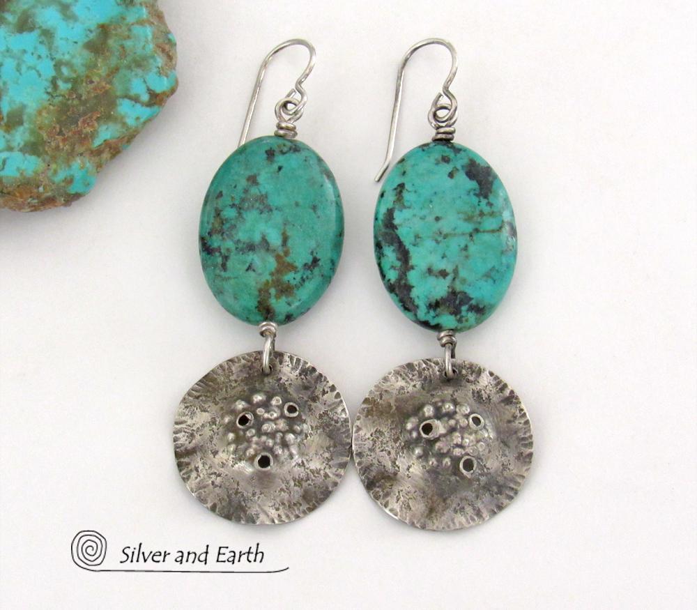 Hammered Sterling Silver Dangle Earrings with African Turquoise Stones - Handcrafted Earthy Organic Sterling Jewelry