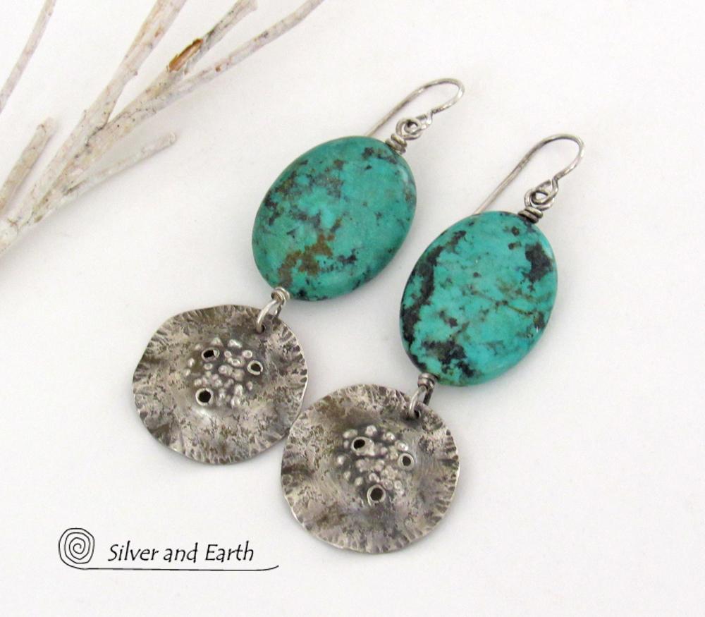 Hammered Sterling Silver Dangle Earrings with African Turquoise Stones - Handcrafted Earthy Organic Sterling Jewelry