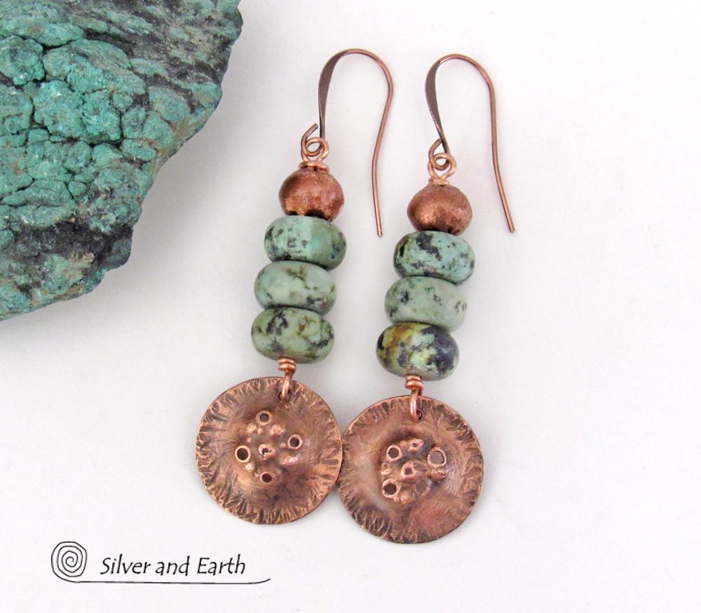 Hammered Copper Earrings with African Turquoise Stones - Modern Rustic Earthy Jewelry