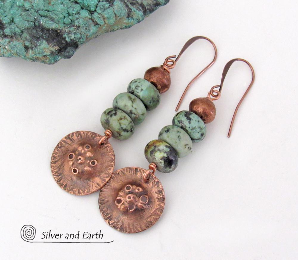 Hammered Copper Earrings with African Turquoise Stones - Modern Rustic Earthy Jewelry