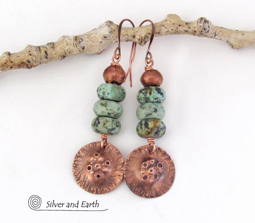 Hammered Copper Earrings with African Turquoise Stones - Modern Rustic Earthy Jewelry
