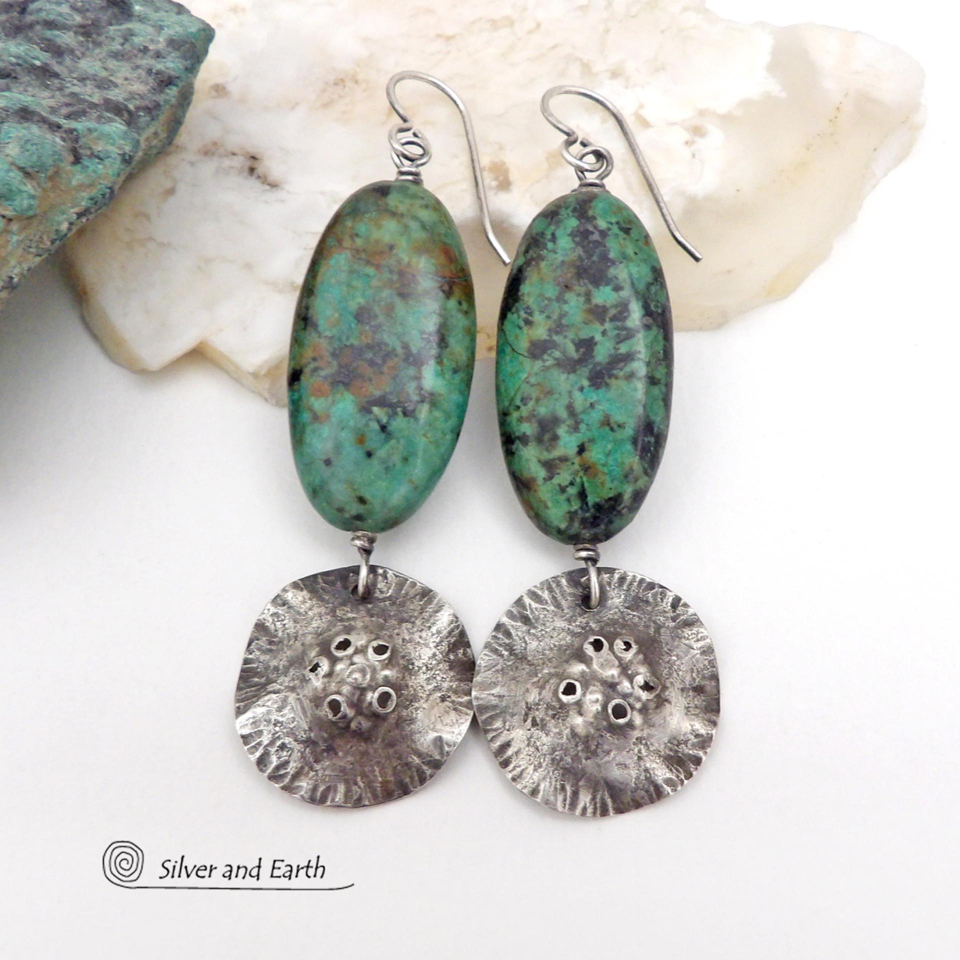 Long African Turquoise Stone Earrings with Rustic Hammered Sterling Silver Dangles