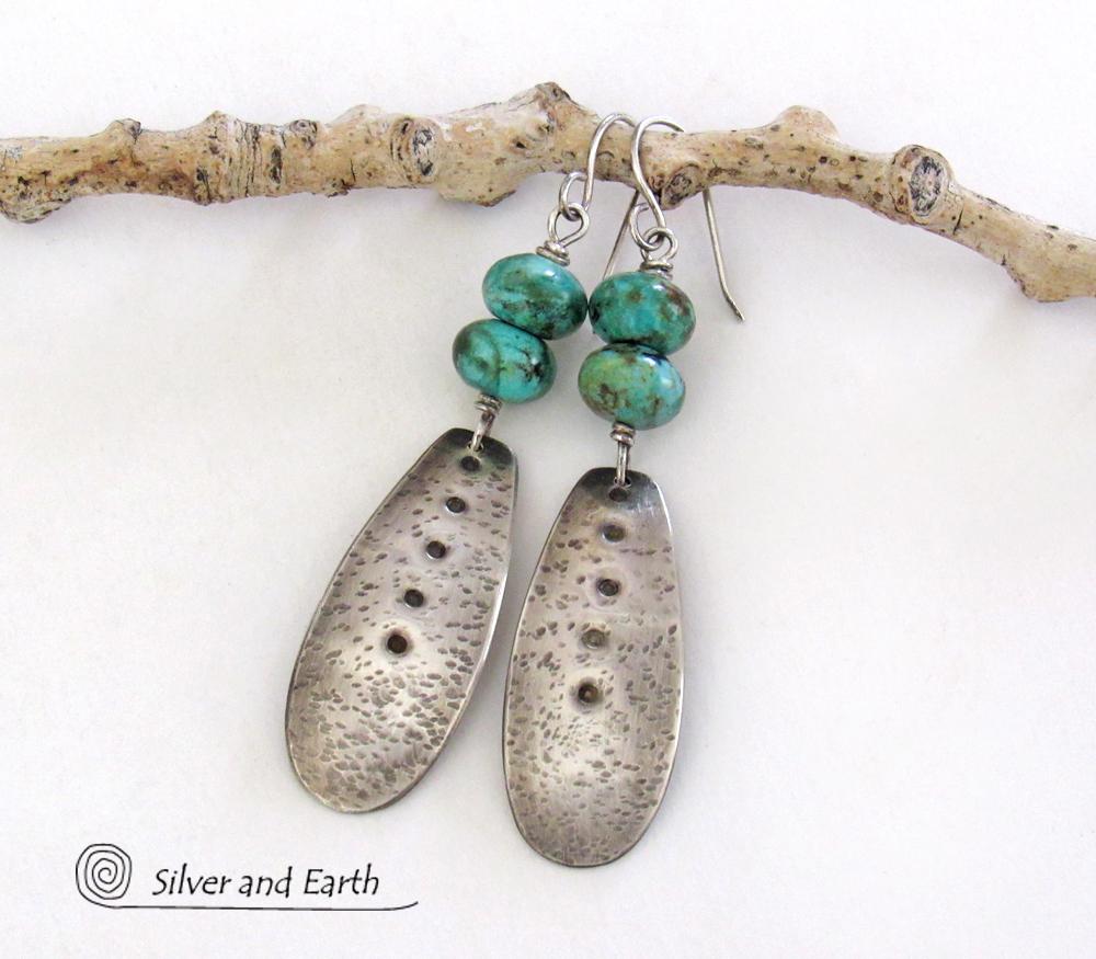 Long Hammered Sterling Silver Dangle Earrings with African Turquoise Stones
