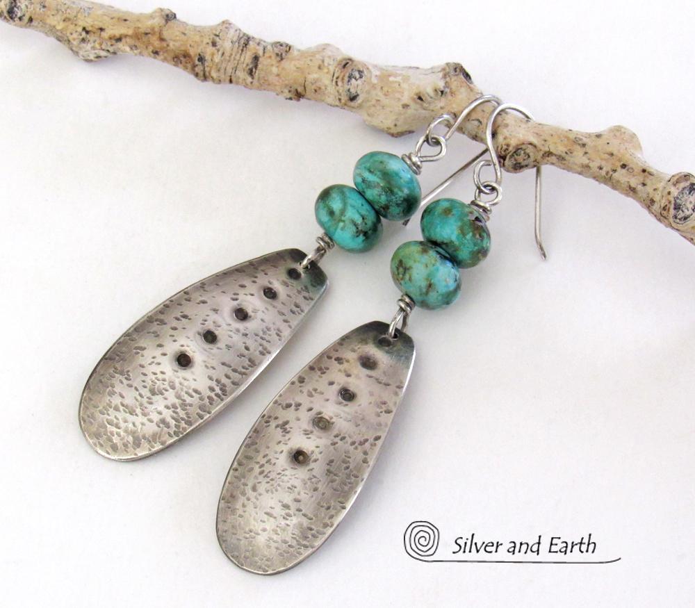 Long Hammered Sterling Silver Dangle Earrings with African Turquoise Stones