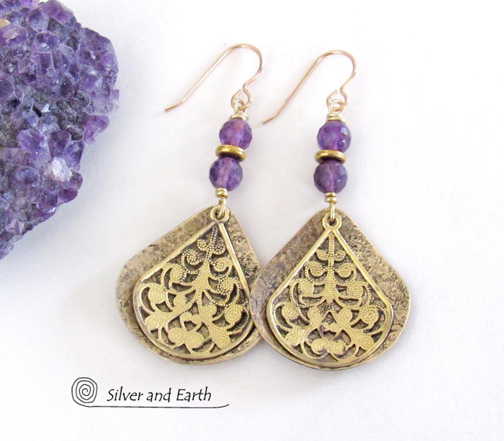 Purple Amethyst Gold Brass Dangle Earrings with Filigree Charms - February Birthstone Jewelry Gifts for Women
