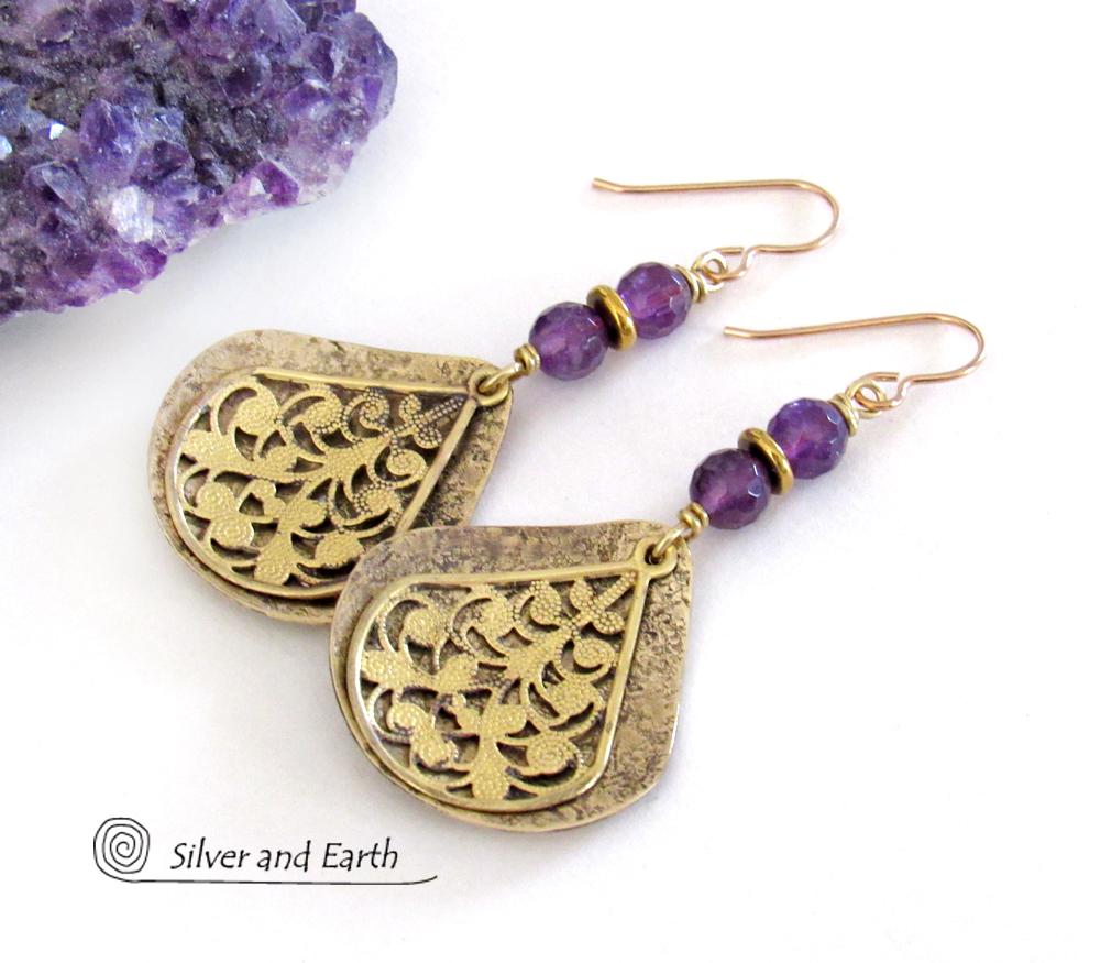 Purple Amethyst Gold Brass Dangle Earrings with Filigree Charms - February Birthstone Jewelry Gifts for Women