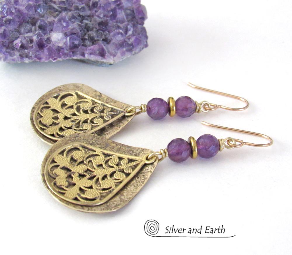 Purple Amethyst Gold Brass Dangle Earrings with Filigree Charms - February Birthstone Jewelry Gifts for Women