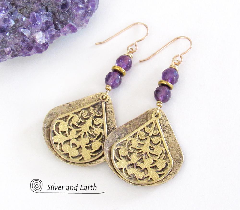 Purple Amethyst Gold Brass Dangle Earrings with Filigree Charms - February Birthstone Jewelry Gifts for Women