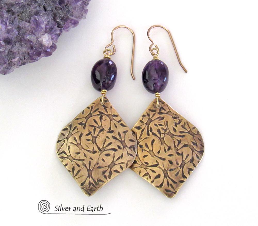 Purple Amethyst and Gold Brass Earrings - February Birthstone Jewelry Gifts for Women