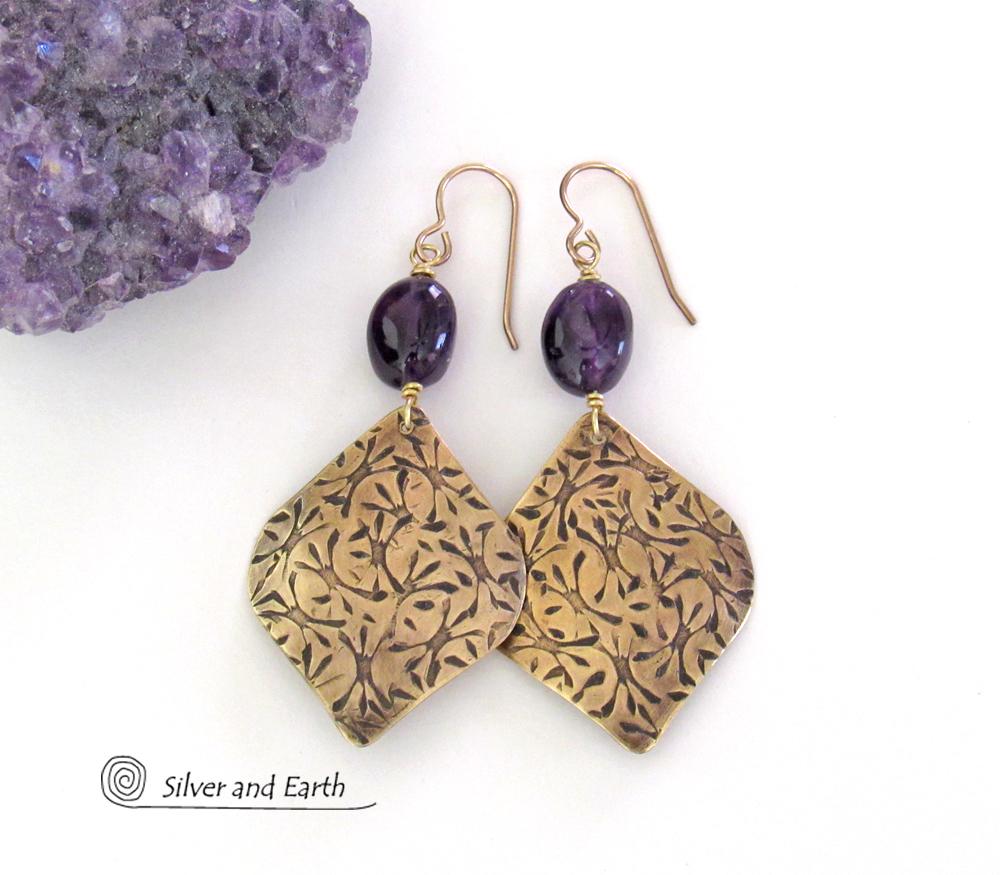 Purple Amethyst and Gold Brass Earrings - February Birthstone Jewelry Gifts for Women