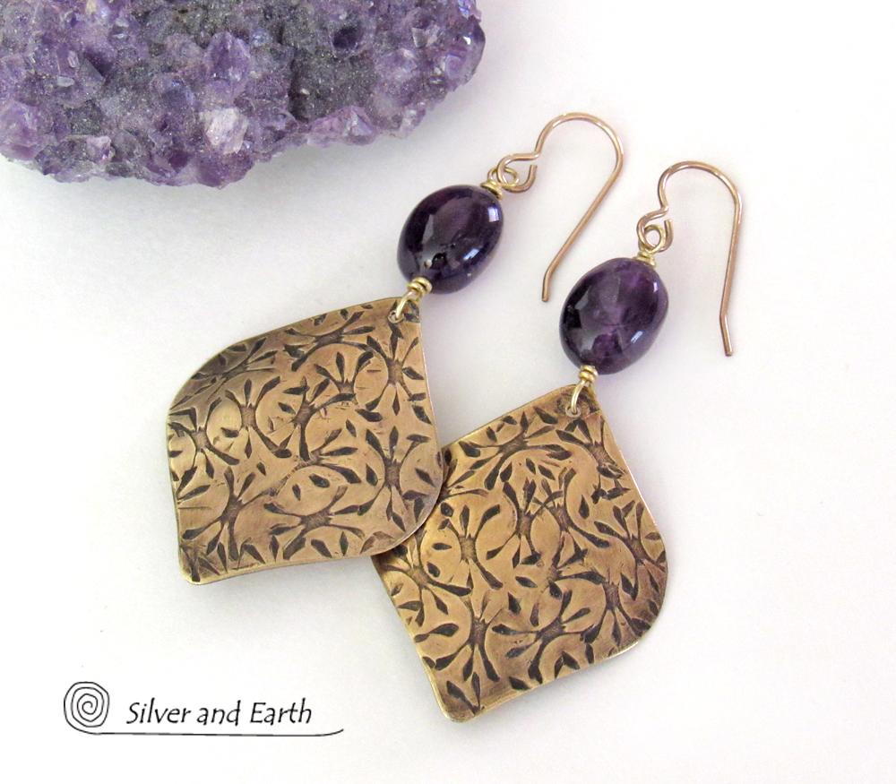 Purple Amethyst and Gold Brass Earrings - February Birthstone Jewelry Gifts for Women