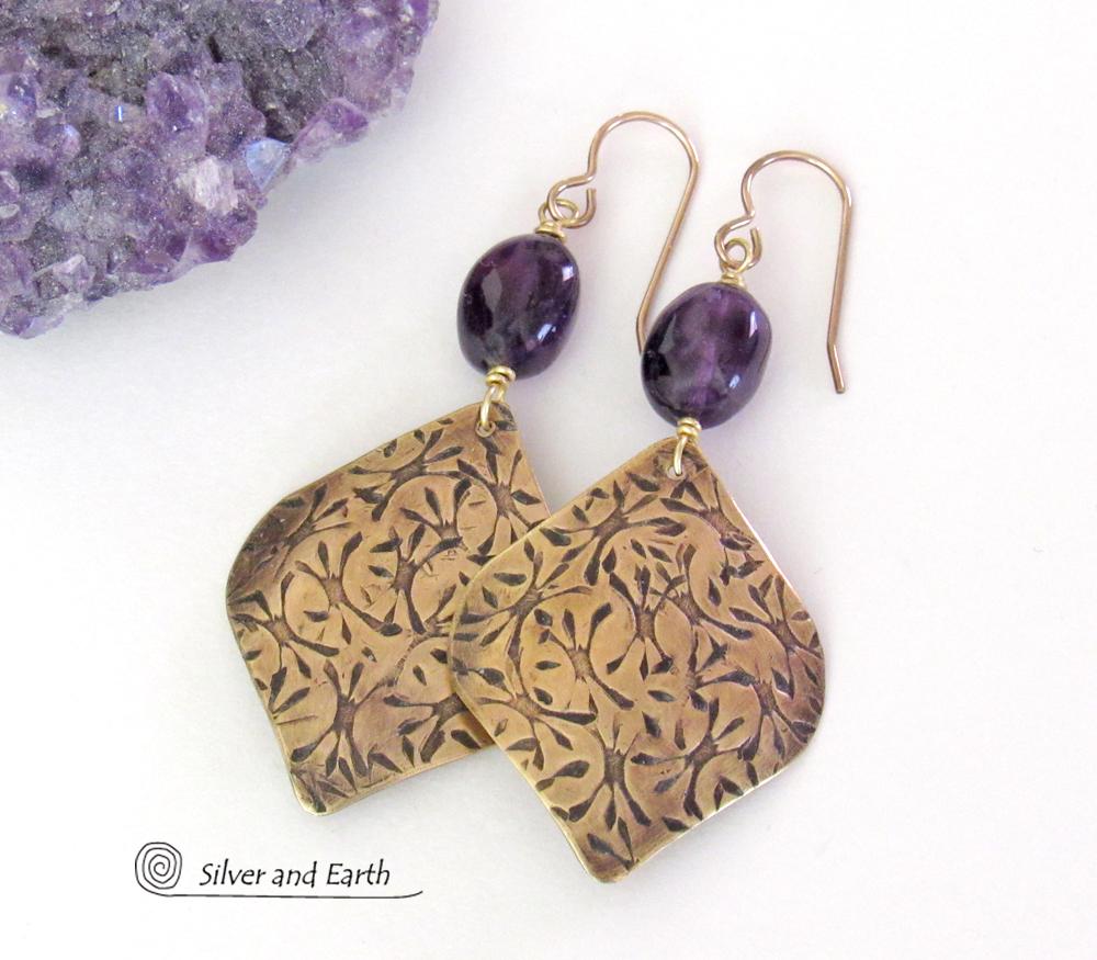 Purple Amethyst and Gold Brass Earrings - February Birthstone Jewelry Gifts for Women