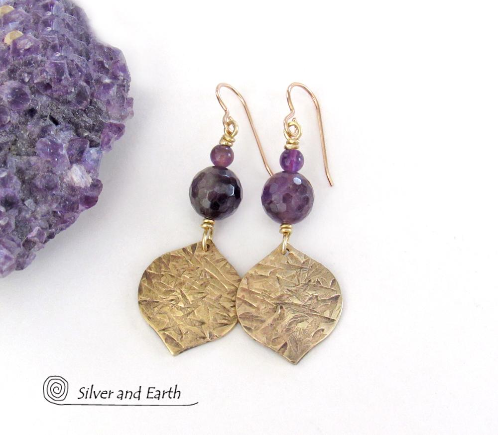 Purple Amethyst Gemstone Earrings with Gold Brass Dangles - Chic Modern February Birthstone Jewelry